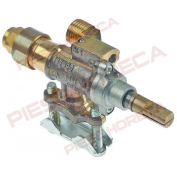 Robinet gaz SIRAL pentru aragaz STAR 10, montare cu flansa pe teava de Ø16mm, duza bypass Ø0,85mm, iesire gaz ¼”( teava de Ø8mm), conectare termocupla cu filet de M8x1, diametre ax 8x6,5mm, lungimi ax 23/12mm (tesitura sus)