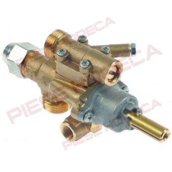 Robinet gaz PEL tip 22S/O , intrare gaz cu filet M20x1,5mm (teava Ø12mm), iesire gaz cu filet M20x1,5mm  (teavaØ12/10mm), conector flacara pilot M10x1,duza bypass Ø1,8mm,  conectare termocupla M8x1, lungime ax 25/17mm, diametru ax 10x8mm