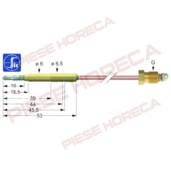 Termocupla (senzor flacara) cu lungimea de 850mm, diametrul de fixare in suportul flacari de veghe de 6,5mm si diametrul conectorului pentru robinet de M9x1mm