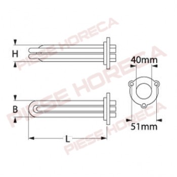 Rezistenta boiler expresor Pavoni, 3 circuite, putere 2870-3130W, 230/240V, montare pe interior de 40mm si distanta intre gauri (masurare la jumatatea gaurilor) conform schitei de 51mm, teaca pentru termostat pozitionata central