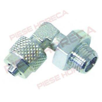 Conector unghiular pentru furtun cu interior de Ø4mm si exterior de Ø6mm, filet de ¼”