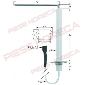 Electrod aprindere cuptor gaz Rational, lungime flansa 26mm, latime flansa 16mm, diametru 9mm