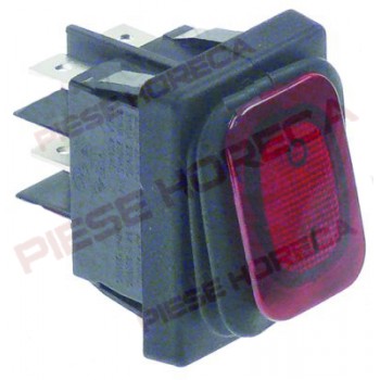 Intrerupator basculant rosu, dimensiuni 30x22mm, 2NO, 250V, 20A, protectie IP65, simbol 0-1, conexiune papuci 6.3mm